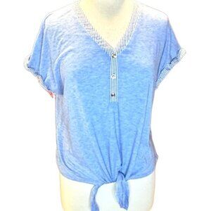 Parellel Skies Short Sleeve V-neck Tie Front Striped Henely Style Top Blouse MED